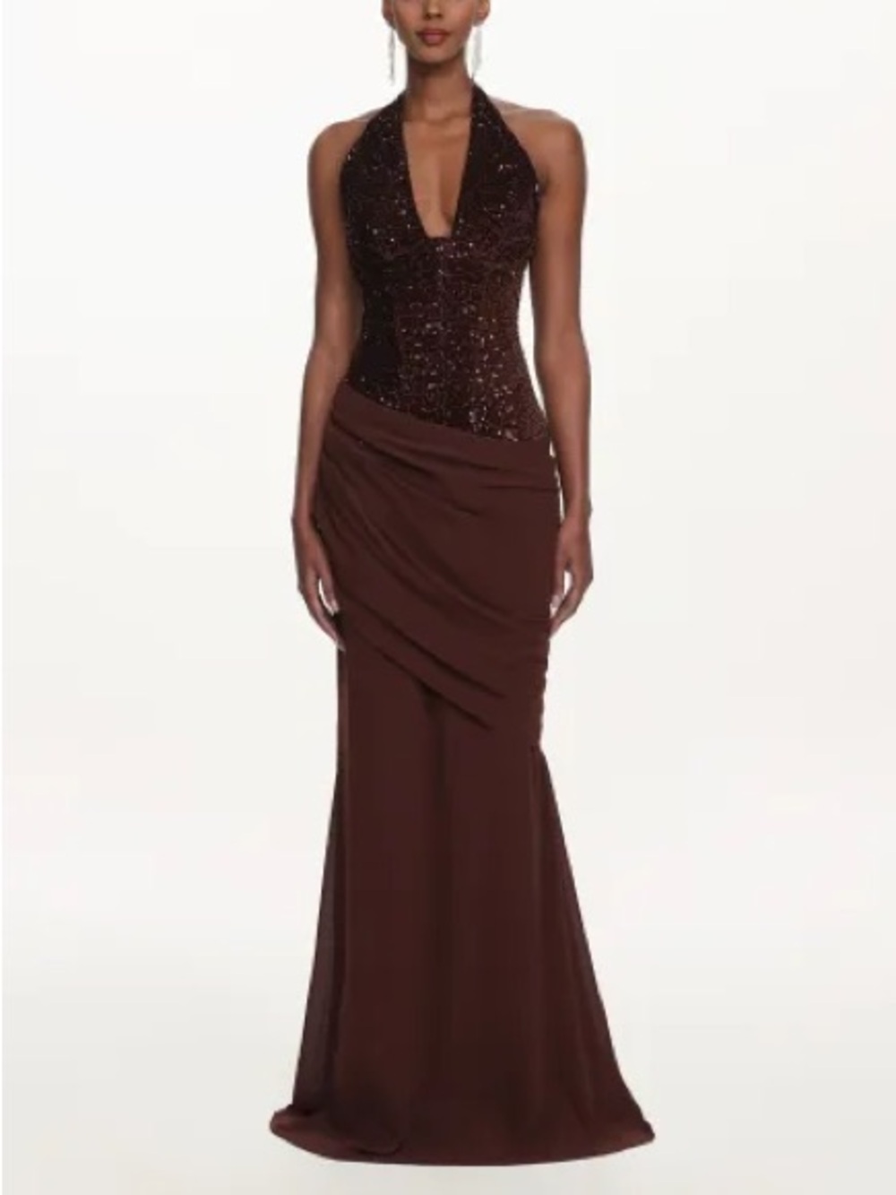 Beaded Halter Maxi Dress in Rich Brown